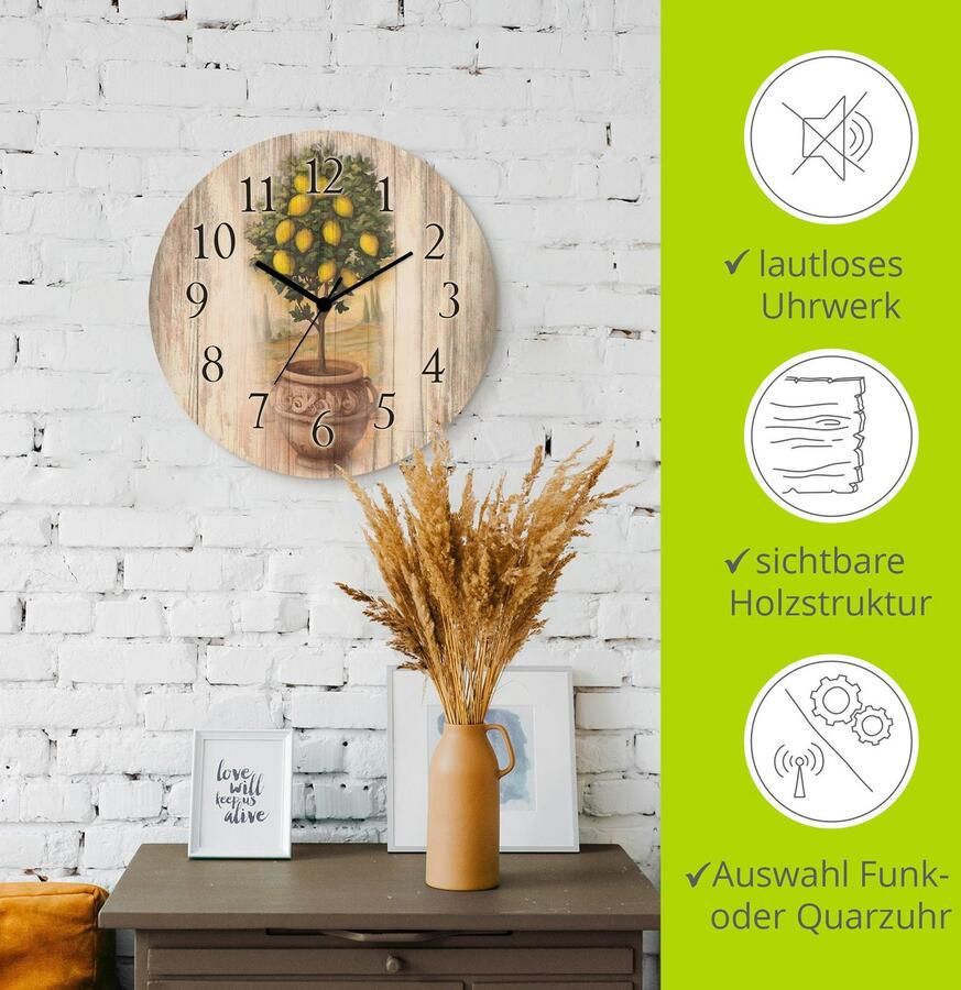 Artland Wandklok Citroenboompje met hout-look optioneel verkrijgbaar met kwarts- of radiografisch uurwerk geruisloos zonder tikkend geluid - Foto 3