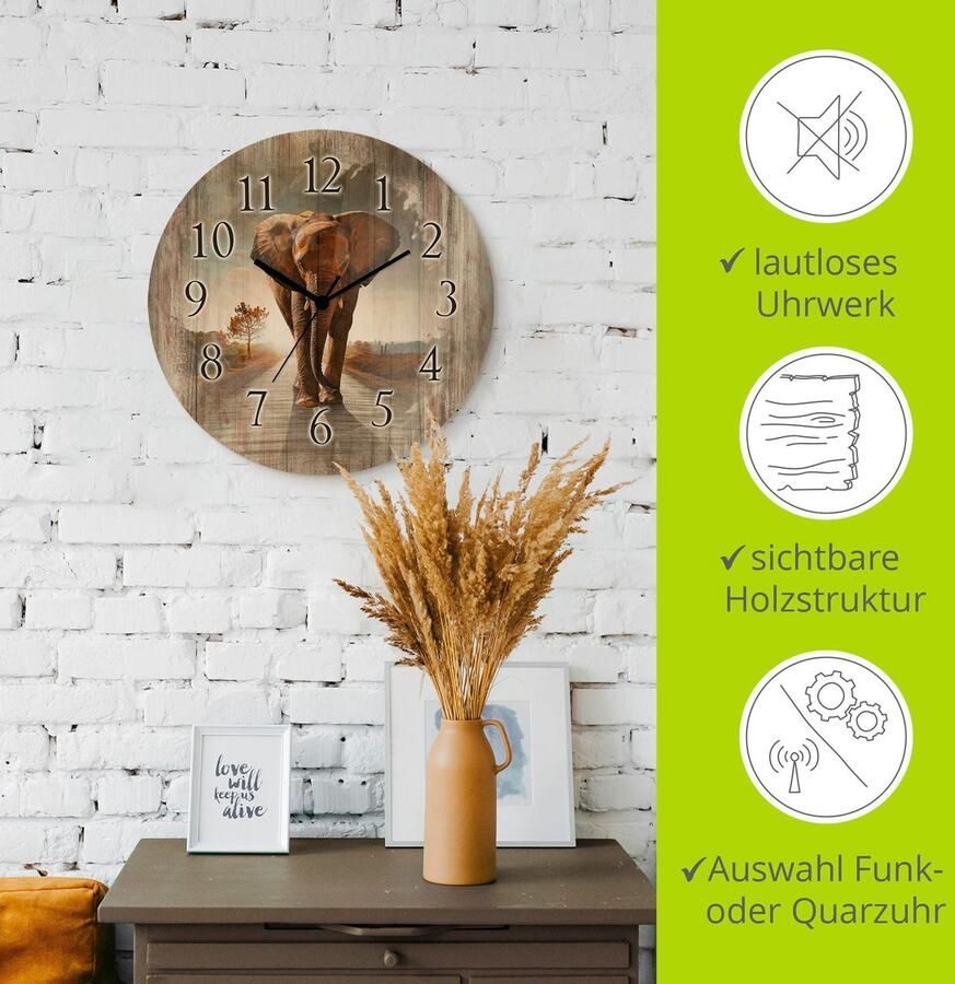 Artland Wandklok Een olifant loopt op de weg optioneel verkrijgbaar met kwarts- of radiografisch uurwerk geruisloos zonder tikkend geluid - Foto 3
