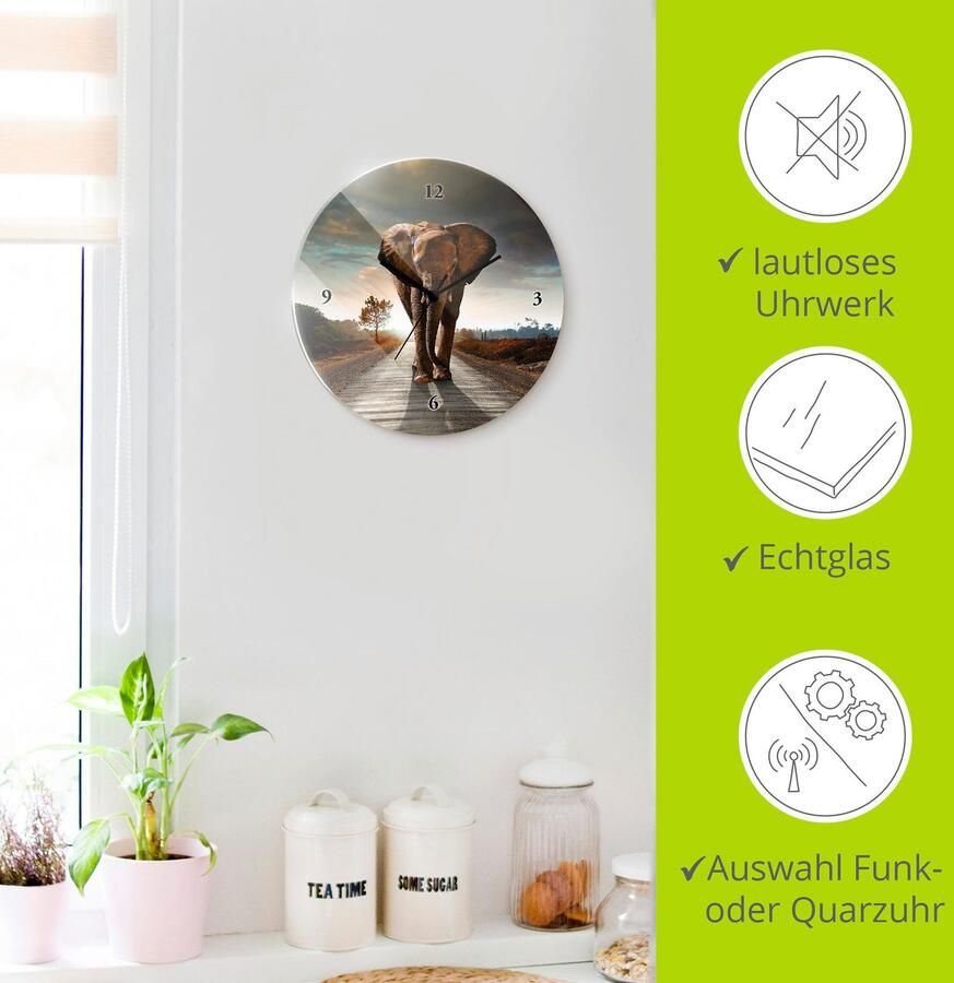 Artland Wandklok Een olifant loopt op de weg optioneel verkrijgbaar met kwarts- of radiografisch uurwerk geruisloos zonder tikkend geluid - Foto 6