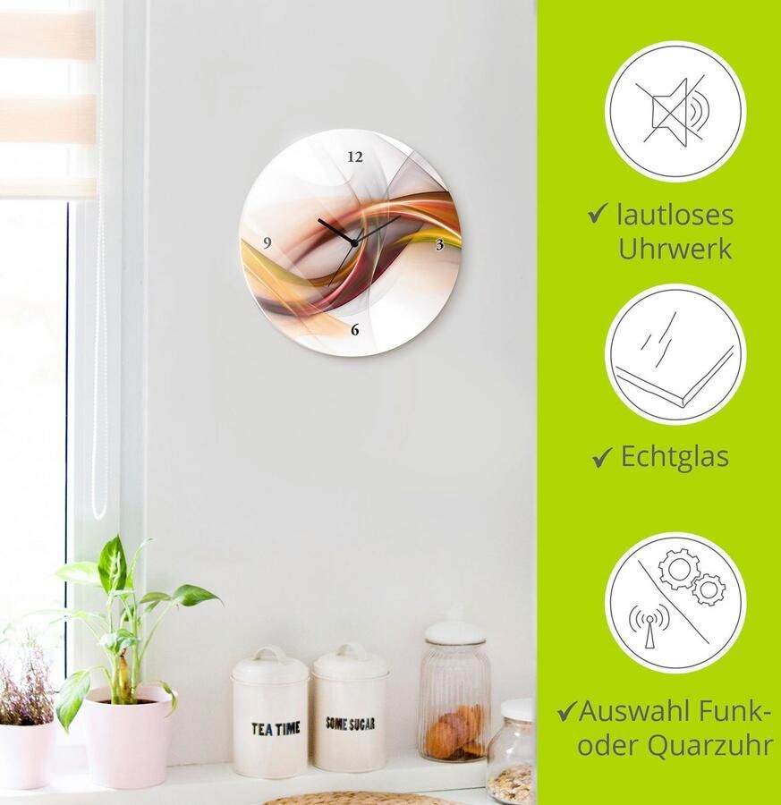 Artland Wandklok Glazen klok rond Abstract design oranje optioneel verkrijgbaar met kwarts- of radiografisch uurwerk geruisloos zonder tikkend geluid - Foto 5