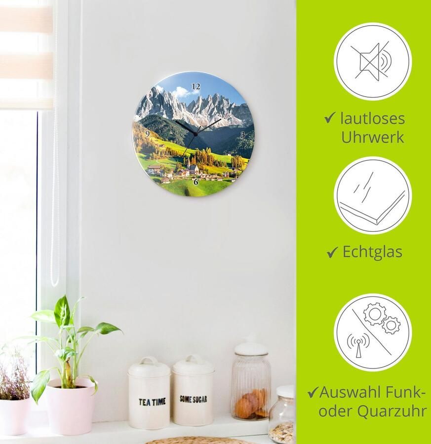 Artland Wandklok Glazen klok rond Alpen bergen Santa Maddalena optioneel verkrijgbaar met kwarts- of radiografisch uurwerk geruisloos zonder tikkend geluid - Foto 6