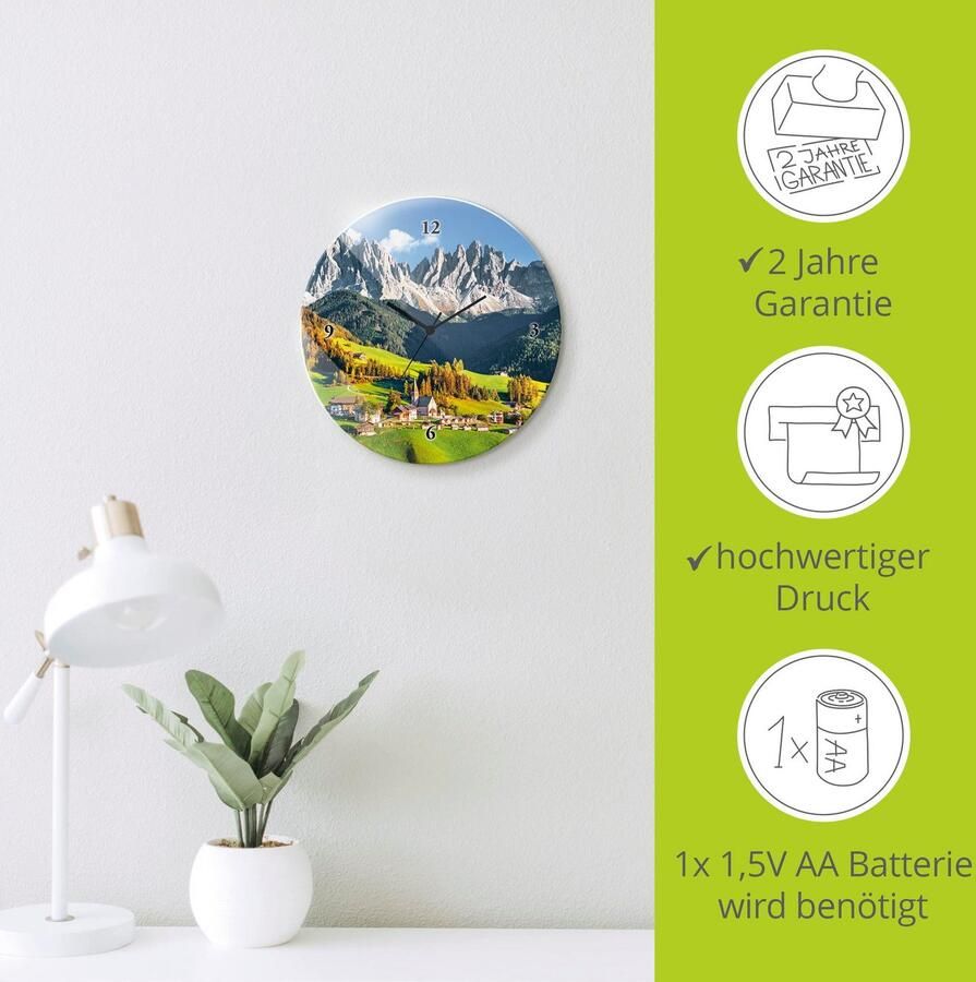 Artland Wandklok Glazen klok rond Alpen bergen Santa Maddalena optioneel verkrijgbaar met kwarts- of radiografisch uurwerk geruisloos zonder tikkend geluid - Foto 5