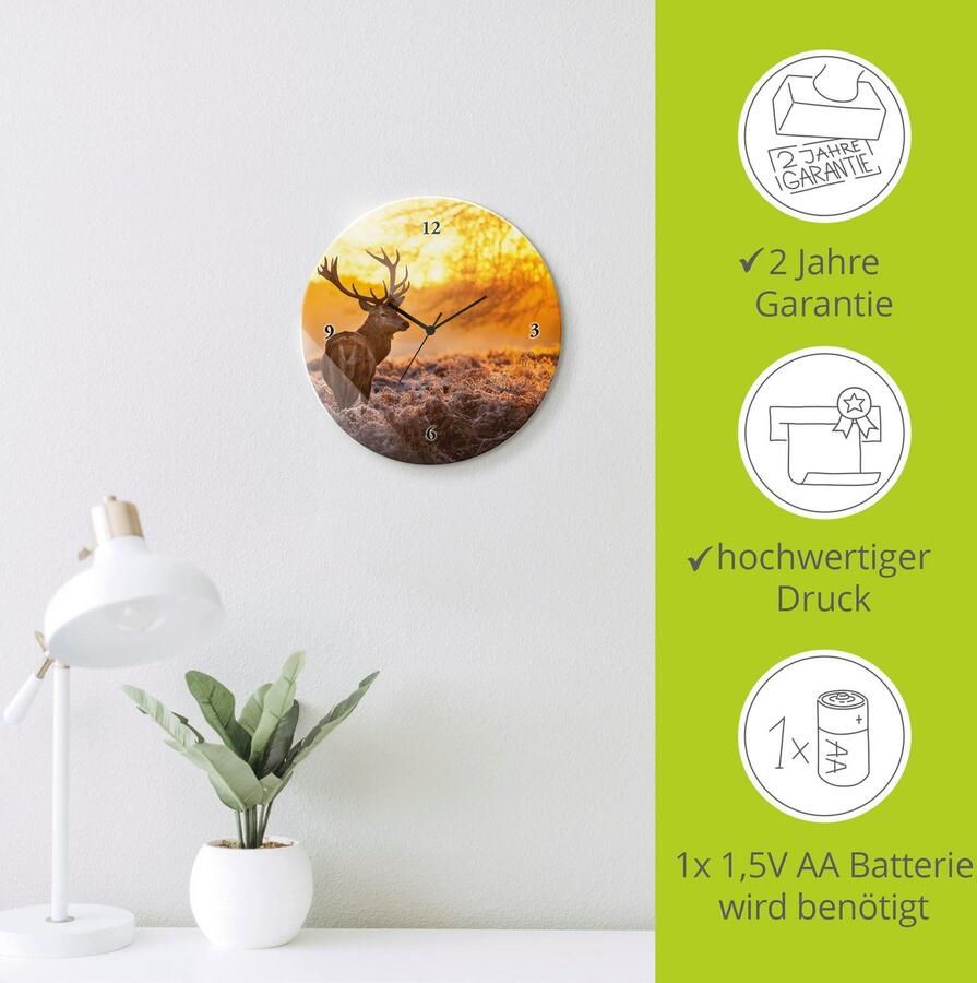 Artland Wandklok Glazen klok rond edelherten optioneel verkrijgbaar met kwarts- of radiografisch uurwerk geruisloos zonder tikkend geluid - Foto 3