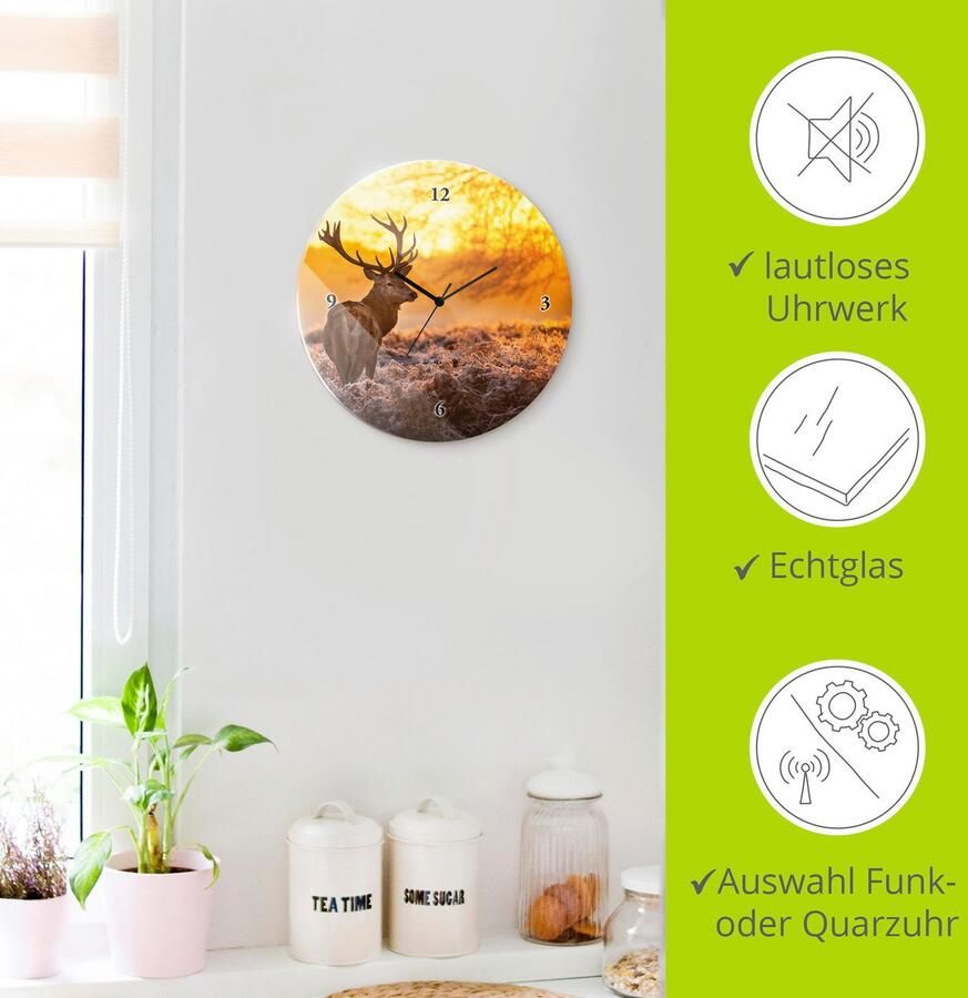 Artland Wandklok Glazen klok rond edelherten optioneel verkrijgbaar met kwarts- of radiografisch uurwerk geruisloos zonder tikkend geluid - Foto 4