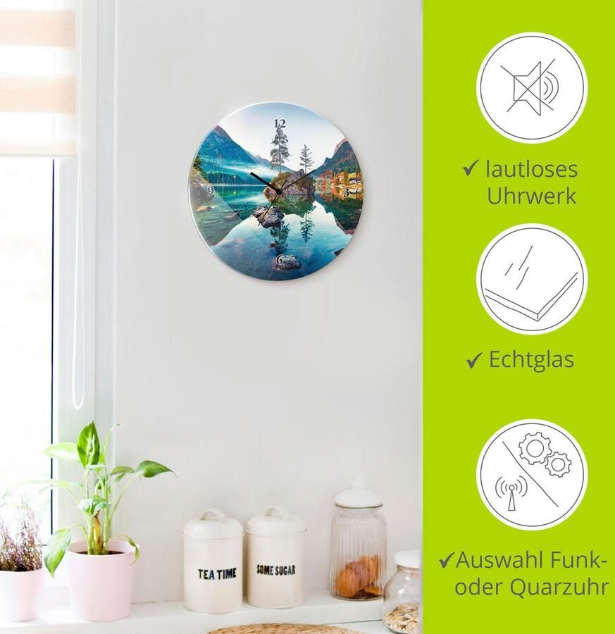 Artland Wandklok Glazen klok rond herfstscène van de Hintersee voor de Alpen optioneel verkrijgbaar met kwarts- of radiografisch uurwerk geruisloos zonder tikkend geluid - Foto 5
