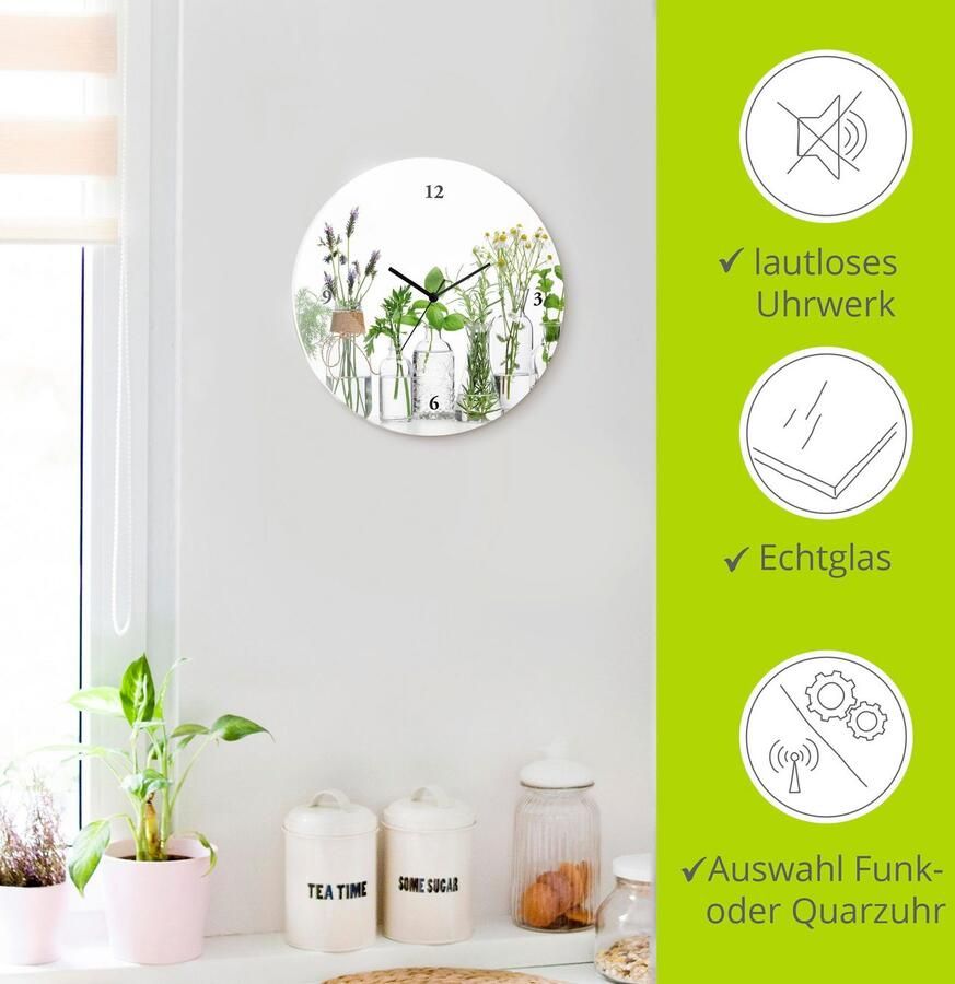 Artland Wandklok Glazen klok rond oliën met kruiden optioneel verkrijgbaar met kwarts- of radiografisch uurwerk geruisloos zonder tikkend geluid - Foto 5