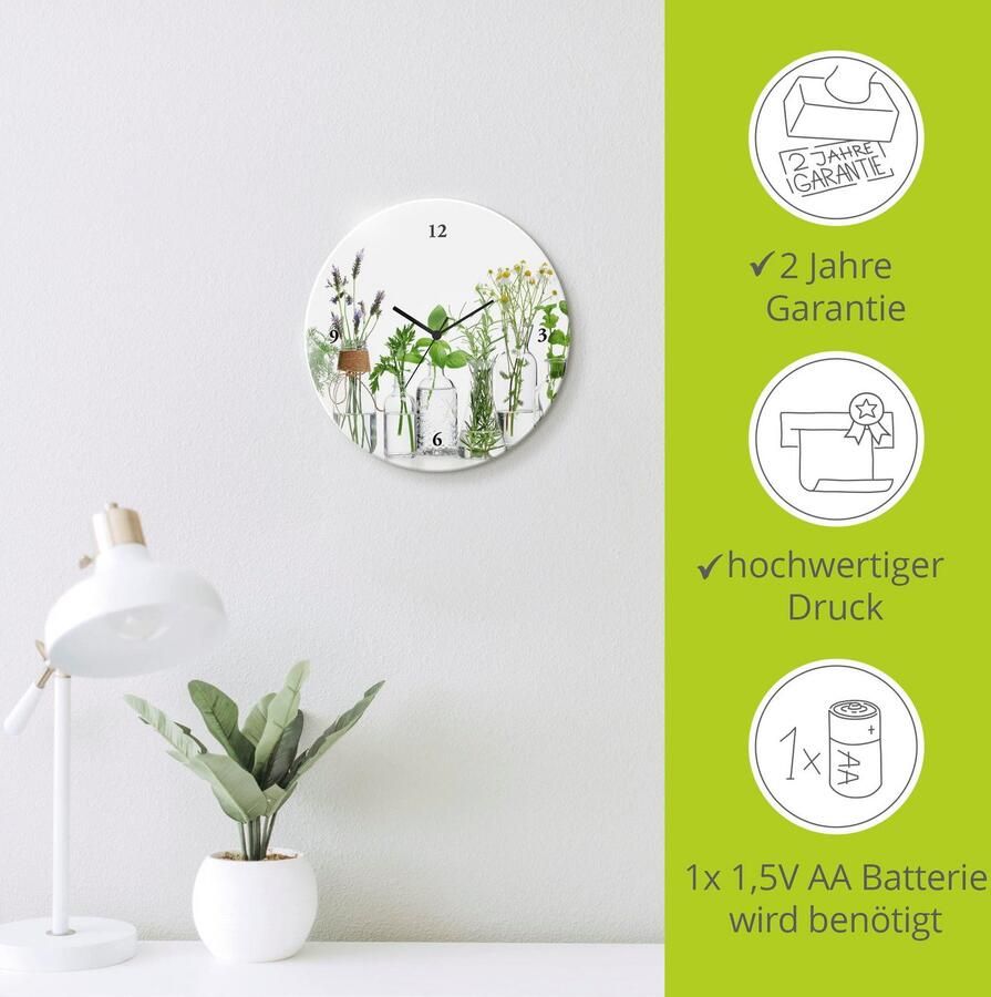 Artland Wandklok Glazen klok rond oliën met kruiden optioneel verkrijgbaar met kwarts- of radiografisch uurwerk geruisloos zonder tikkend geluid - Foto 4