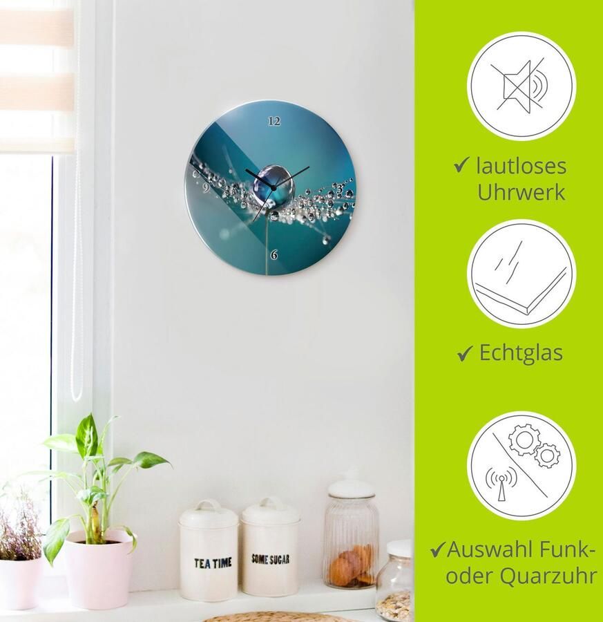 Artland Wandklok Glazen klok rond pluizenbol dauwdruppel blauw optioneel verkrijgbaar met kwarts- of radiografisch uurwerk geruisloos zonder tikkend geluid - Foto 6