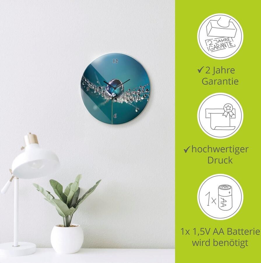 Artland Wandklok Glazen klok rond pluizenbol dauwdruppel blauw optioneel verkrijgbaar met kwarts- of radiografisch uurwerk geruisloos zonder tikkend geluid - Foto 5