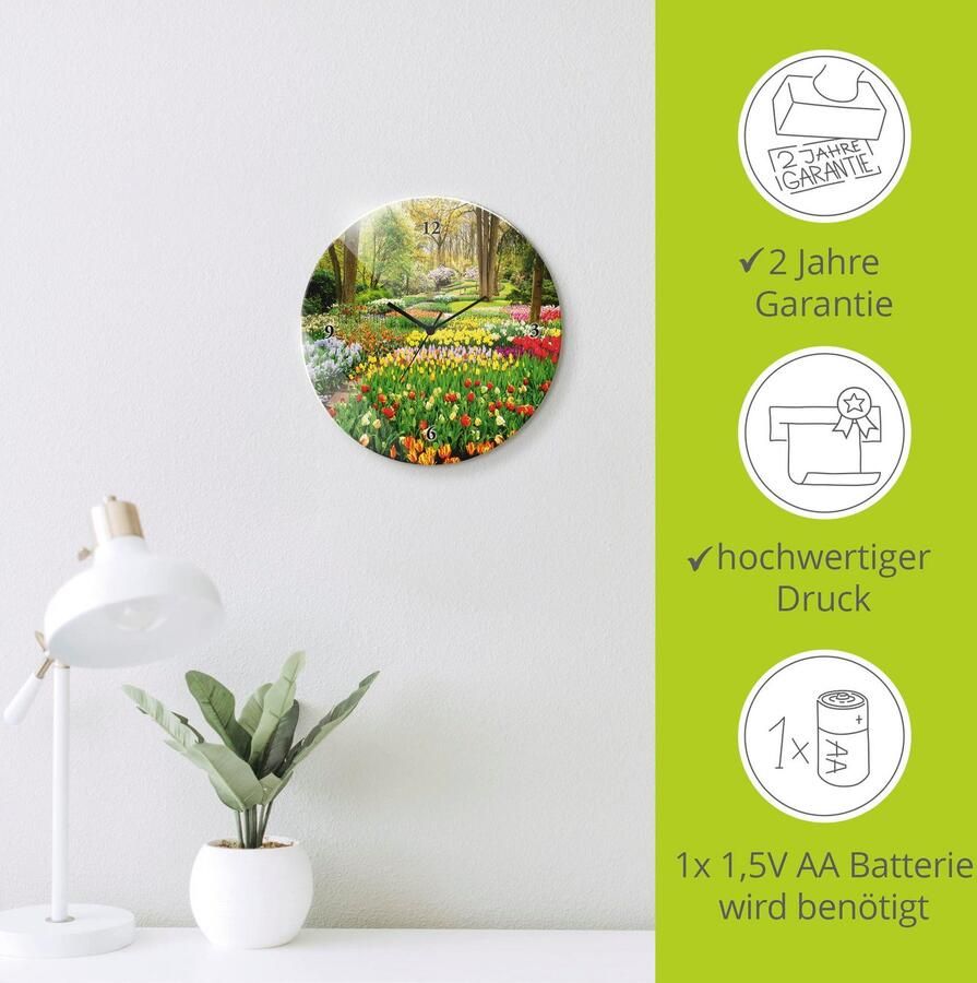 Artland Wandklok Glazen klok rond tulpen tuin voorjaar optioneel verkrijgbaar met kwarts- of radiografisch uurwerk geruisloos zonder tikkend geluid - Foto 4
