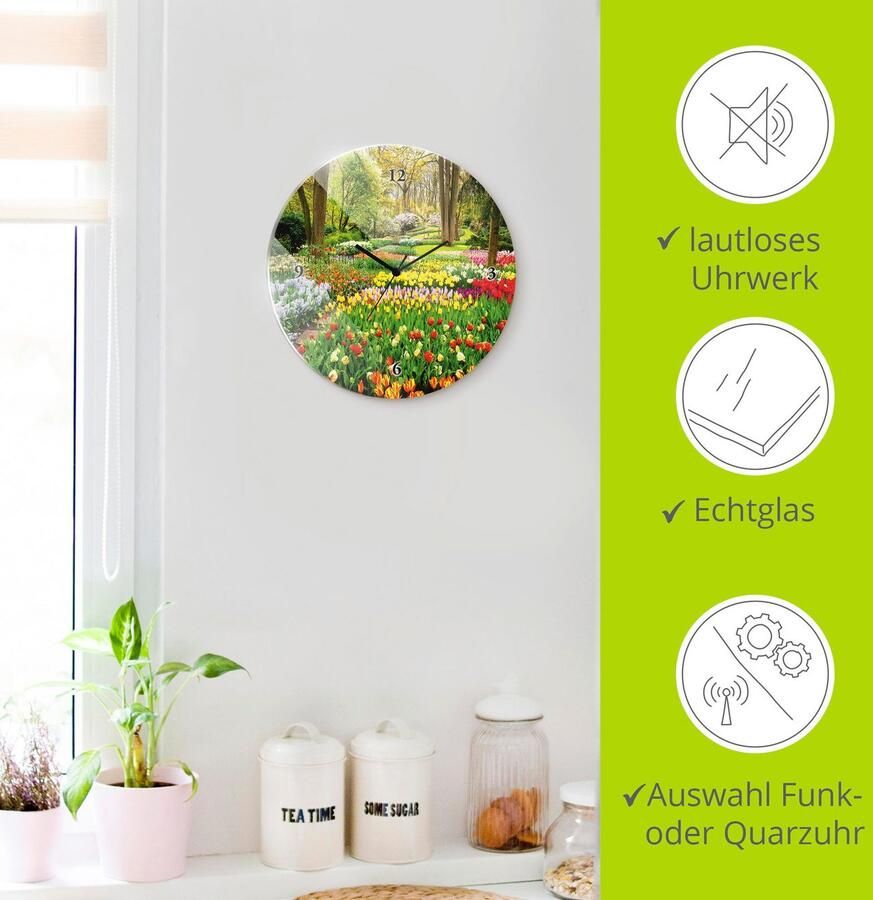 Artland Wandklok Glazen klok rond tulpen tuin voorjaar optioneel verkrijgbaar met kwarts- of radiografisch uurwerk geruisloos zonder tikkend geluid - Foto 5