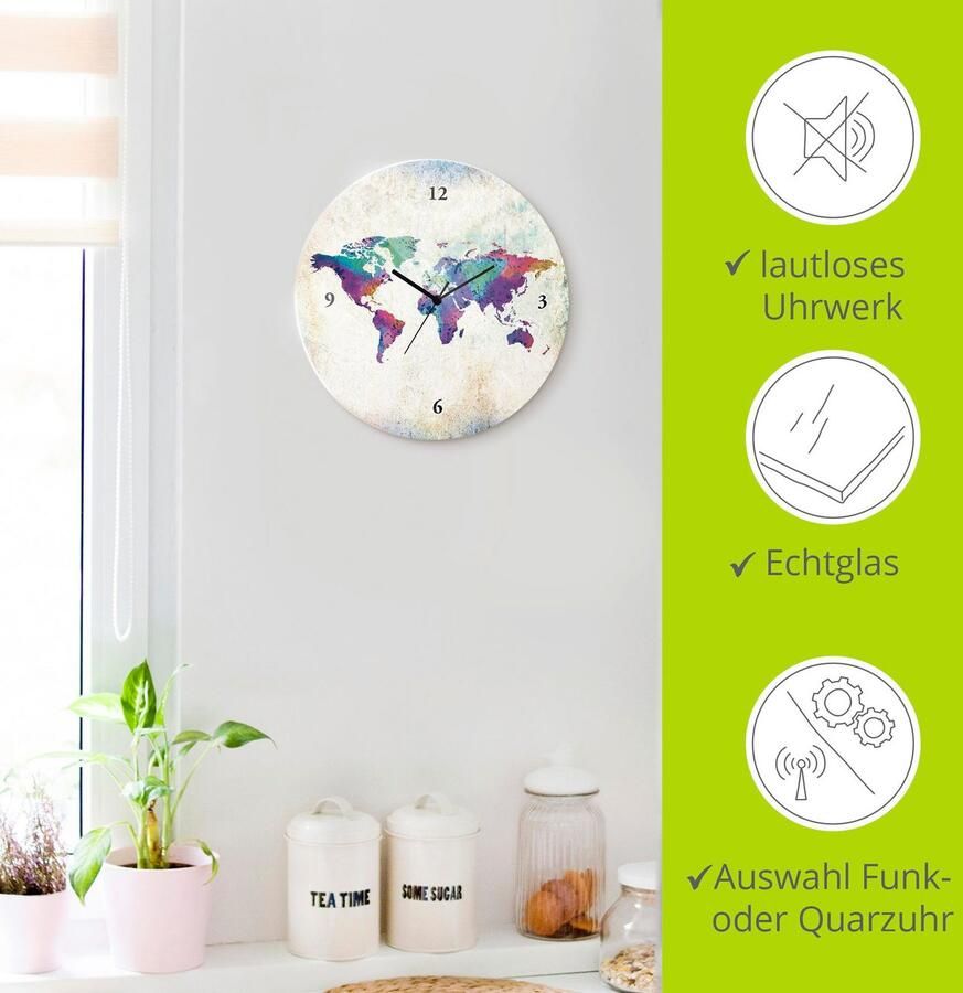 Artland Wandklok Glazen klok rond veelkleurige wereldkaart optioneel verkrijgbaar met kwarts- of radiografisch uurwerk geruisloos zonder tikkend geluid - Foto 6