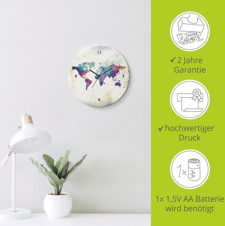 Artland Wandklok Glazen klok rond veelkleurige wereldkaart optioneel verkrijgbaar met kwarts- of radiografisch uurwerk geruisloos zonder tikkend geluid - Foto 5