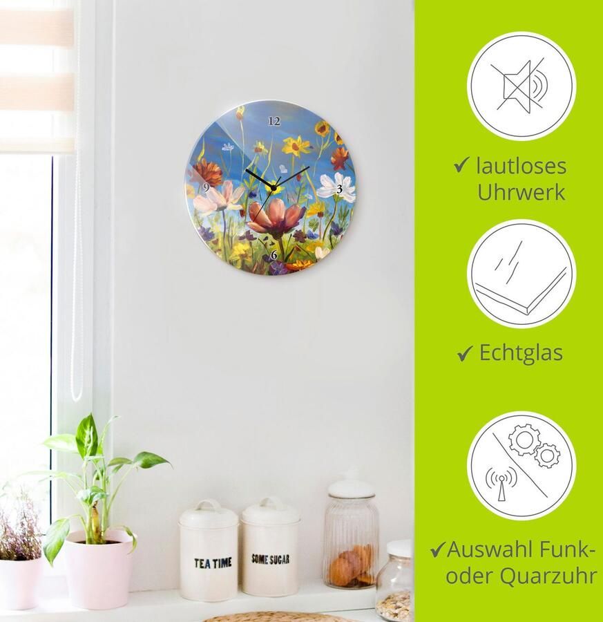 Artland Wandklok Glazen klok rond weide met wilde bloemen optioneel verkrijgbaar met kwarts- of radiografisch uurwerk geruisloos zonder tikkend geluid - Foto 4