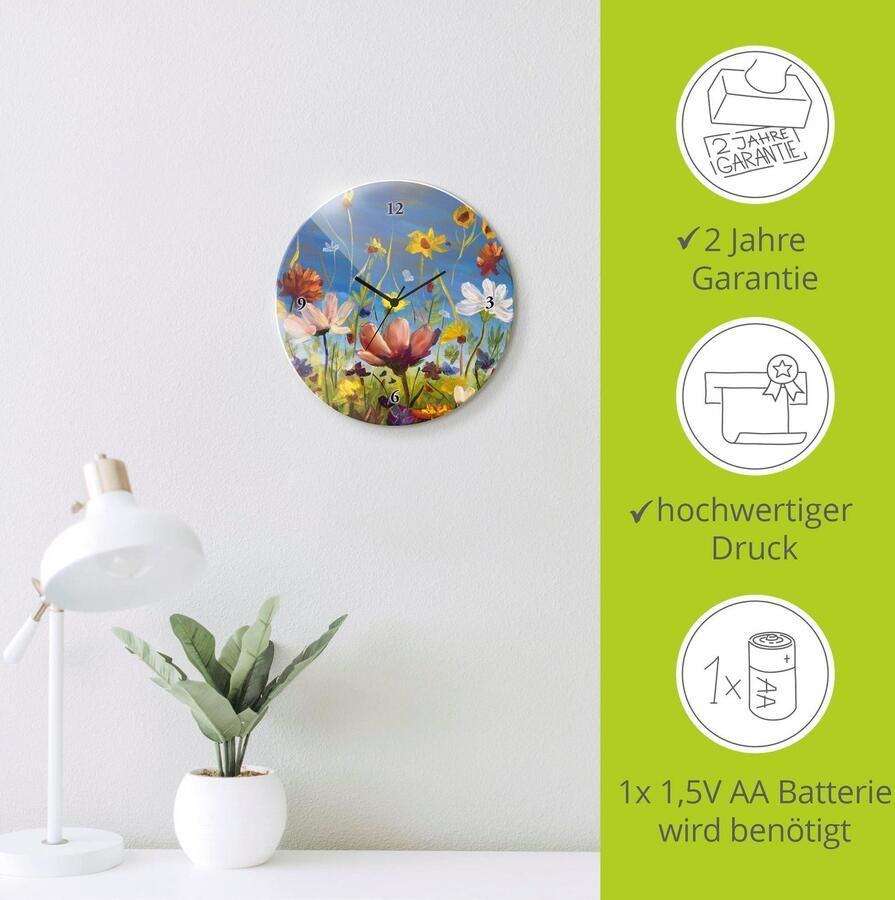 Artland Wandklok Glazen klok rond weide met wilde bloemen optioneel verkrijgbaar met kwarts- of radiografisch uurwerk geruisloos zonder tikkend geluid - Foto 3