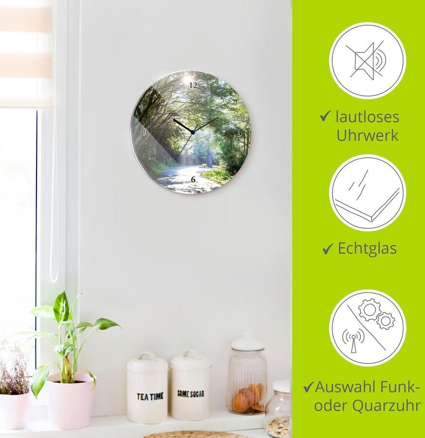 Artland Wandklok Glazen klok rond zonnig bos optioneel verkrijgbaar met kwarts- of radiografisch uurwerk geruisloos zonder tikkend geluid - Foto 6