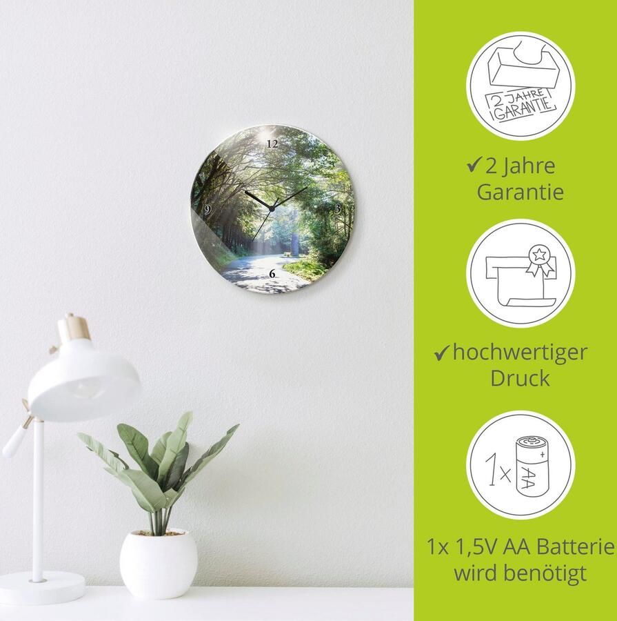 Artland Wandklok Glazen klok rond zonnig bos optioneel verkrijgbaar met kwarts- of radiografisch uurwerk geruisloos zonder tikkend geluid - Foto 5