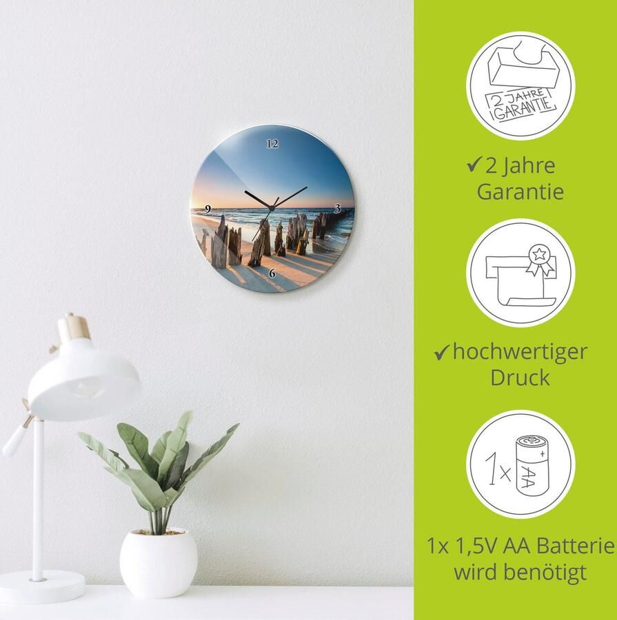 Artland Wandklok Glazen klok rond zonsondergang strand golfbreker optioneel verkrijgbaar met kwarts- of radiografisch uurwerk geruisloos zonder tikkend geluid - Foto 4