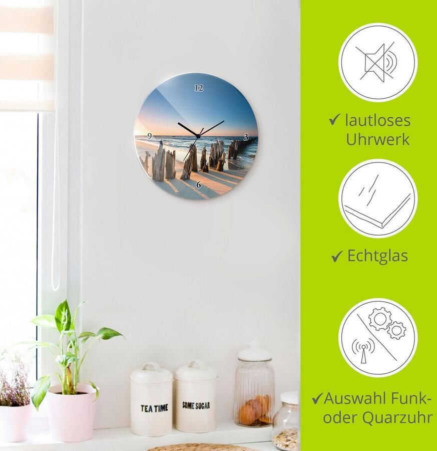 Artland Wandklok Glazen klok rond zonsondergang strand golfbreker optioneel verkrijgbaar met kwarts- of radiografisch uurwerk geruisloos zonder tikkend geluid - Foto 5