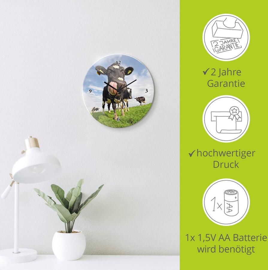 Artland Wandklok Holstein-koe met enorme tong optioneel verkrijgbaar met kwarts- of radiografisch uurwerk geruisloos zonder tikkend geluid - Foto 6