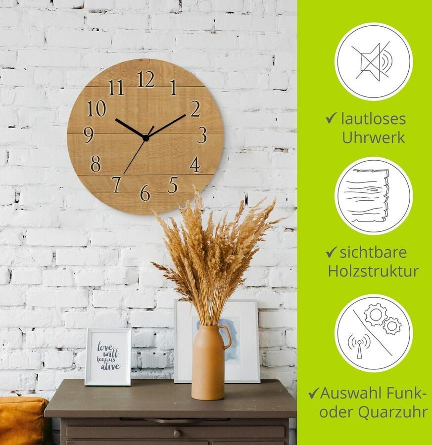 Artland Wandklok Hout licht optioneel verkrijgbaar met kwarts- of radiografisch uurwerk geruisloos zonder tikkend geluid - Foto 3
