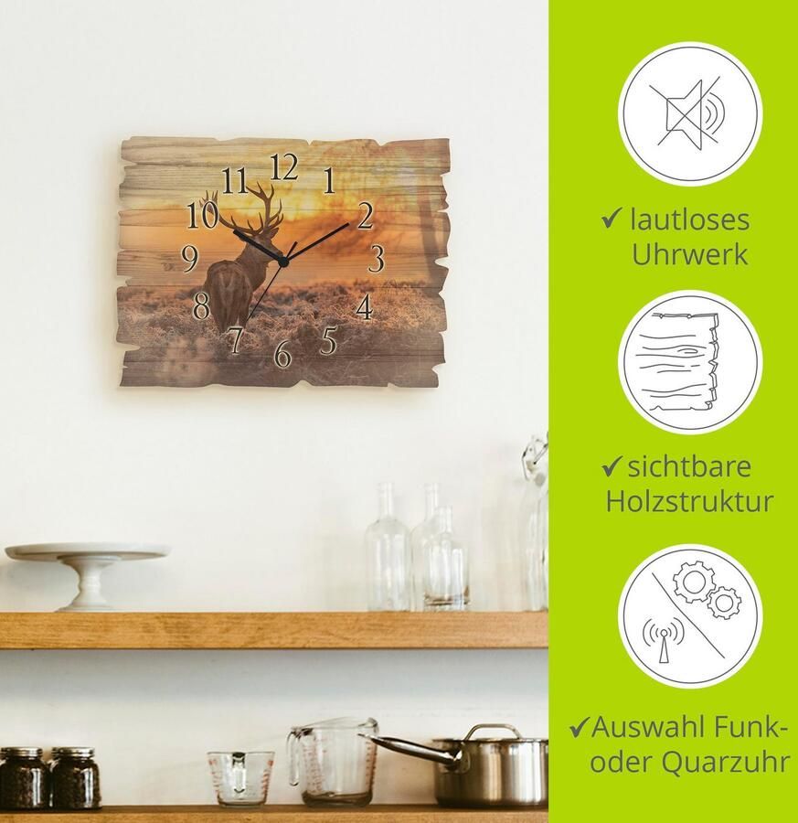 Artland Wandklok Houten klok edelherten optioneel verkrijgbaar met kwarts- of radiografisch uurwerk geruisloos zonder tikkend geluid - Foto 6