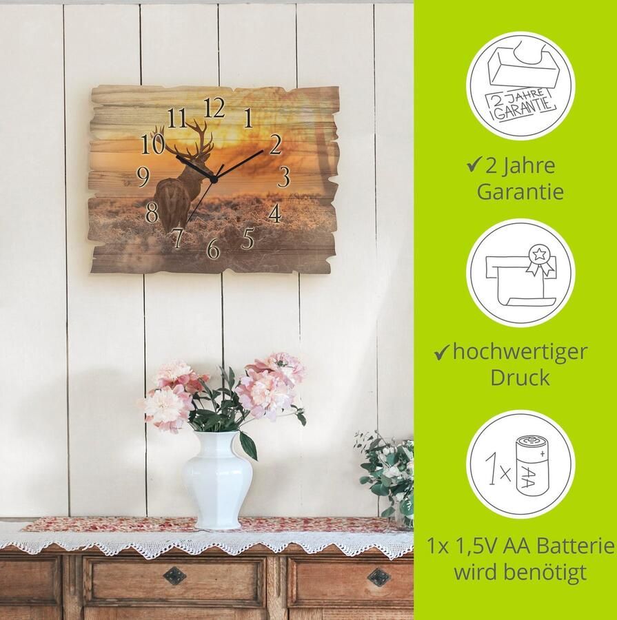Artland Wandklok Houten klok edelherten optioneel verkrijgbaar met kwarts- of radiografisch uurwerk geruisloos zonder tikkend geluid - Foto 5