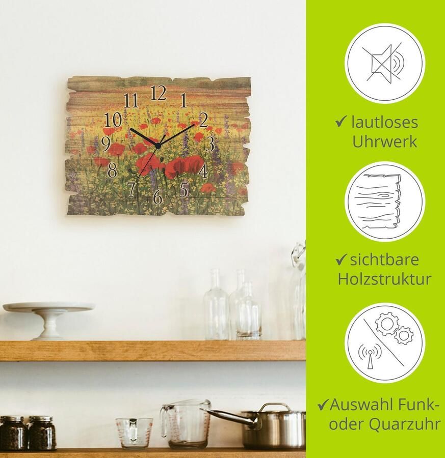 Artland Wandklok Houten klok papaverveld optioneel verkrijgbaar met kwarts- of radiografisch uurwerk geruisloos zonder tikkend geluid - Foto 6
