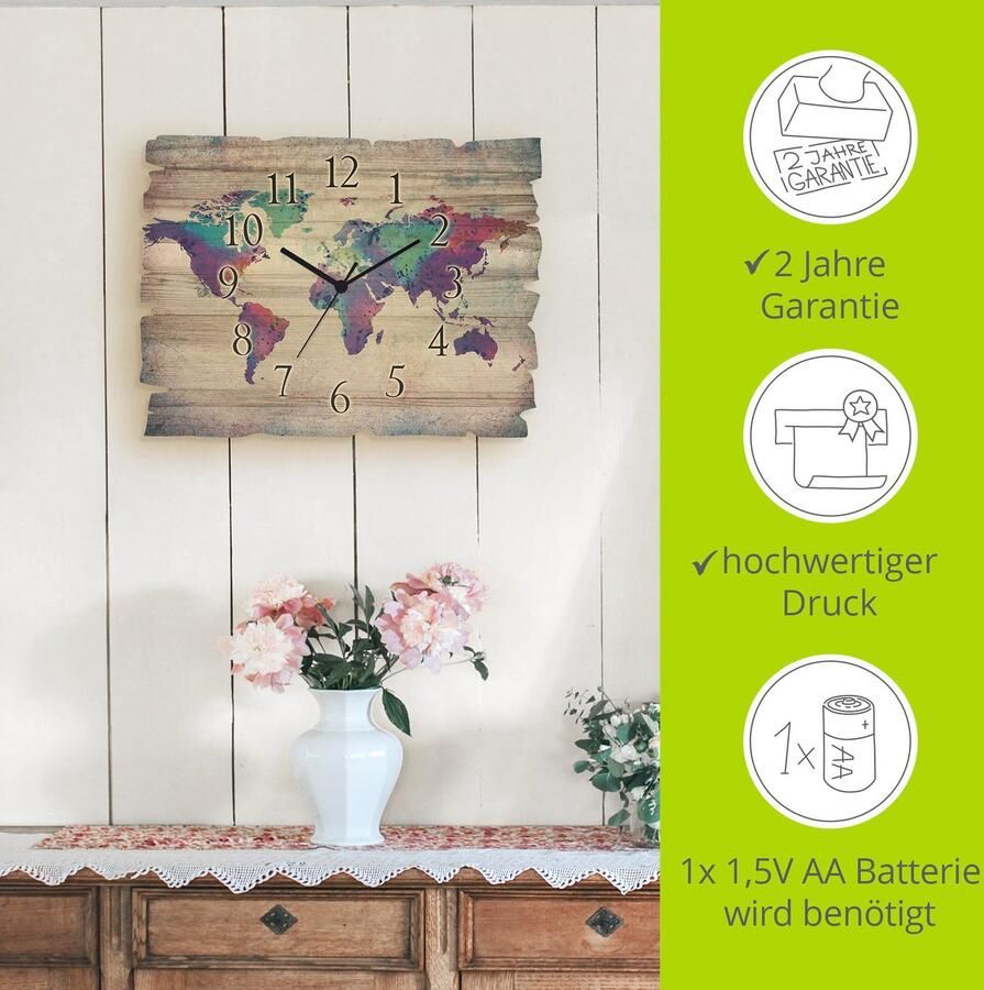Artland Wandklok Houten klok veelkleurige wereldkaart optioneel verkrijgbaar met kwarts- of radiografisch uurwerk geruisloos zonder tikkend geluid - Foto 5