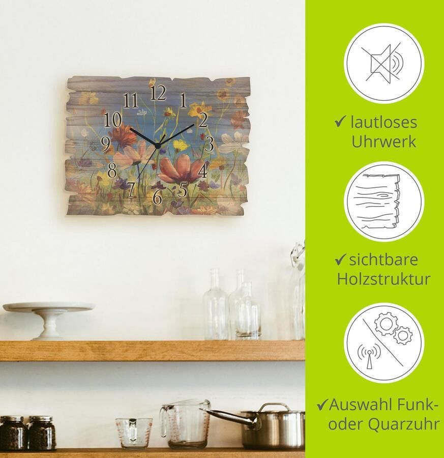 Artland Wandklok Houten klok Weide met wilde bloemen optioneel verkrijgbaar met kwarts- of radiografisch uurwerk geruisloos zonder tikkend geluid - Foto 6