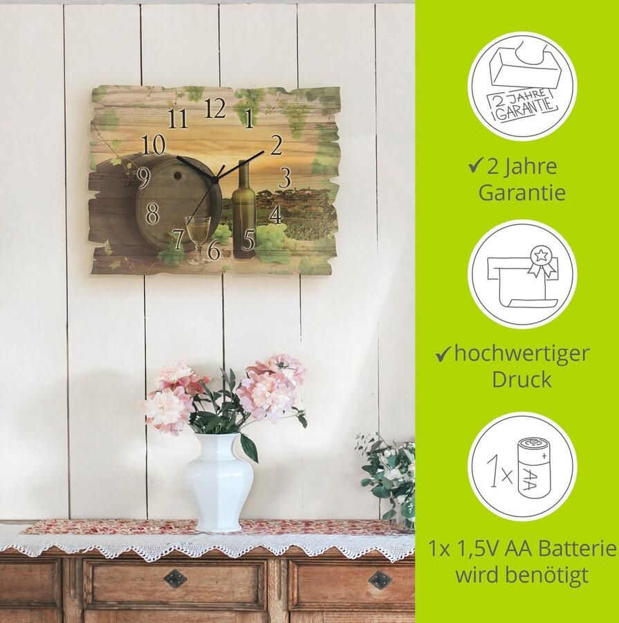 Artland Wandklok Houten klok wijn druiven wijnstokken wijngaard optioneel verkrijgbaar met kwarts- of radiografisch uurwerk geruisloos zonder tikkend geluid - Foto 5