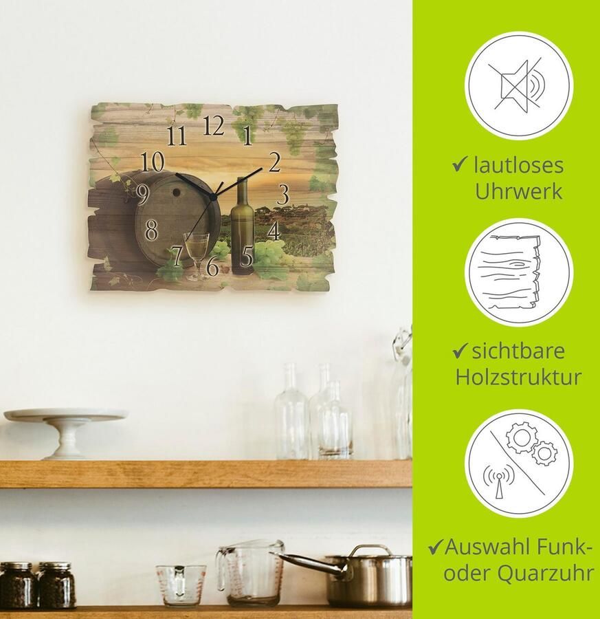 Artland Wandklok Houten klok wijn druiven wijnstokken wijngaard optioneel verkrijgbaar met kwarts- of radiografisch uurwerk geruisloos zonder tikkend geluid - Foto 6