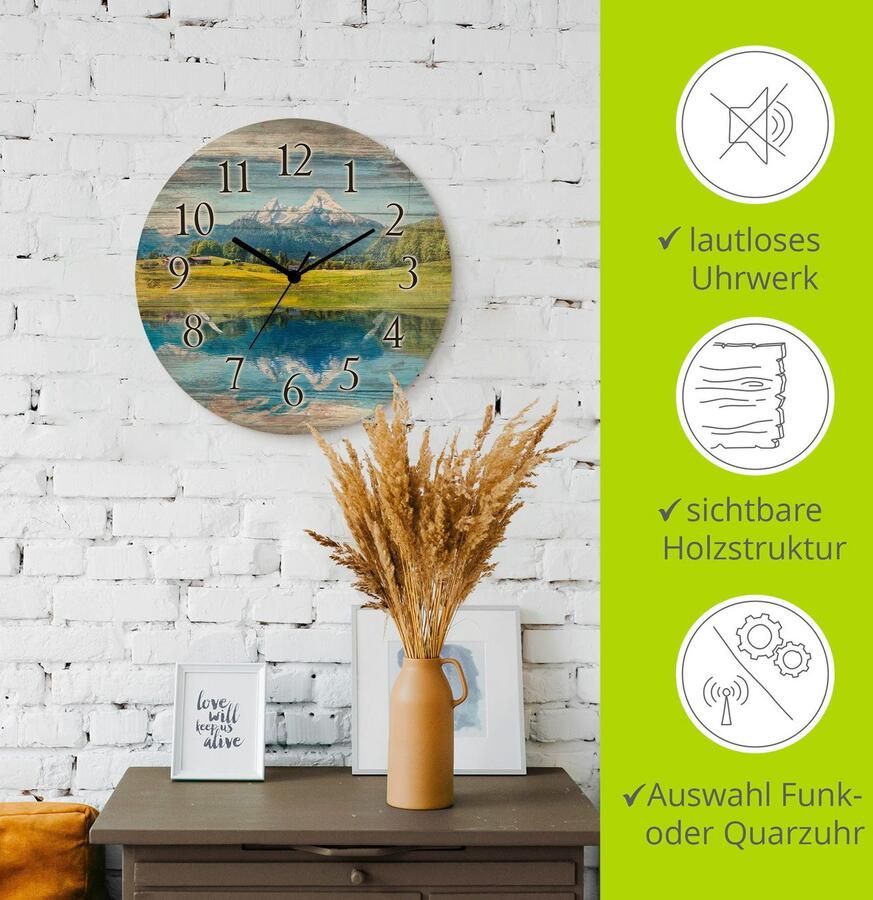 Artland Wandklok Landschap in de Alpen optioneel verkrijgbaar met kwarts- of radiografisch uurwerk geruisloos zonder tikkend geluid - Foto 3