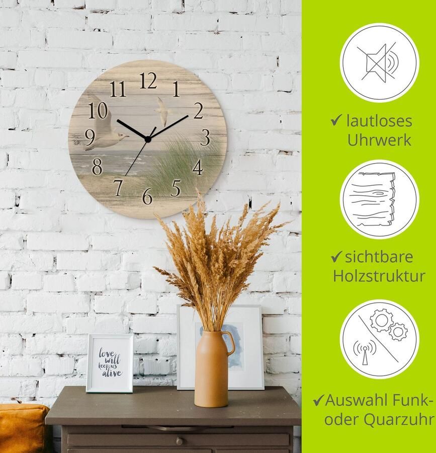 Artland Wandklok Noordzeestrand met meeuwen optioneel verkrijgbaar met kwarts- of radiografisch uurwerk geruisloos zonder tikkend geluid - Foto 3