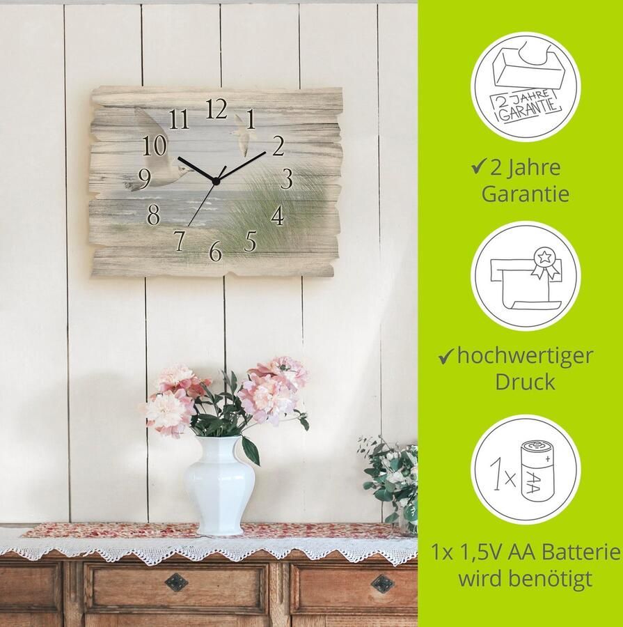 Artland Wandklok Noordzeestrand met meeuwen optioneel verkrijgbaar met kwarts- of radiografisch uurwerk geruisloos zonder tikkend geluid - Foto 5