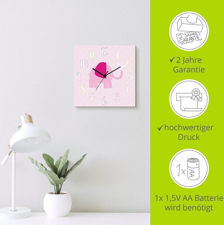 Artland Wandklok Olifant op roze optioneel verkrijgbaar met kwarts- of radiografisch uurwerk geruisloos zonder tikkend geluid - Foto 4