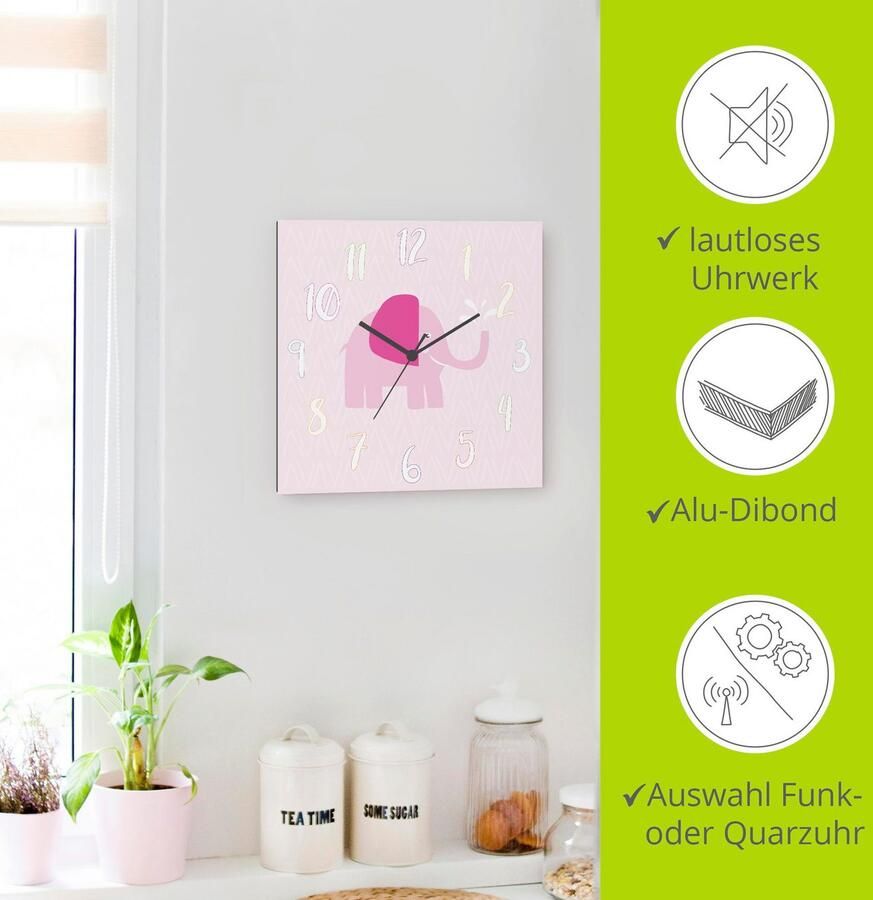 Artland Wandklok Olifant op roze optioneel verkrijgbaar met kwarts- of radiografisch uurwerk geruisloos zonder tikkend geluid - Foto 5