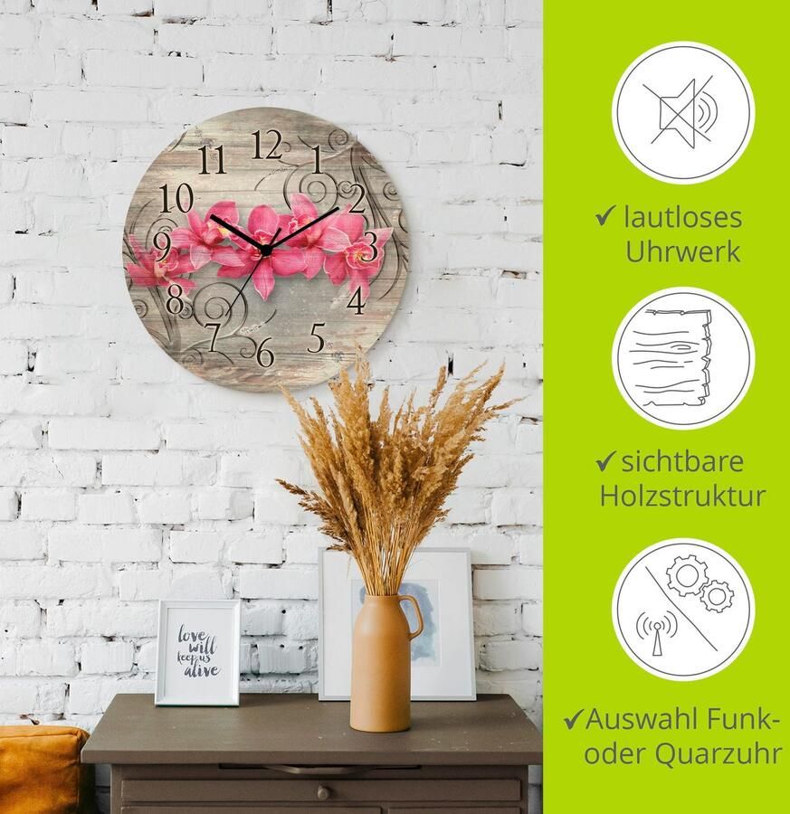 Artland Wandklok Roze orchideeën op ornamenten optioneel verkrijgbaar met kwarts- of radiografisch uurwerk geruisloos zonder tikkend geluid - Foto 3