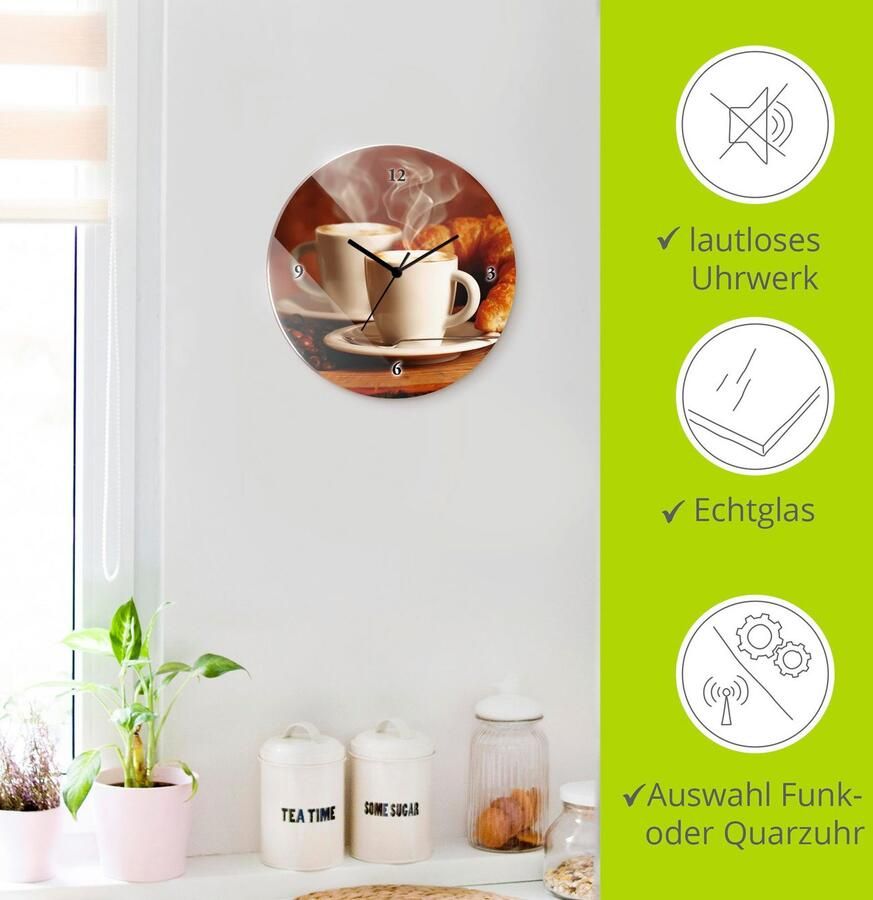 Artland Wandklok Stomende cappuccino en croissant optioneel verkrijgbaar met kwarts- of radiografisch uurwerk geruisloos zonder tikkend geluid - Foto 6