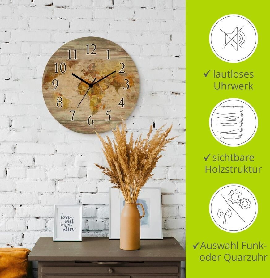 Artland Wandklok Wereldkaart optioneel verkrijgbaar met kwarts- of radiografisch uurwerk geruisloos zonder tikkend geluid - Foto 3