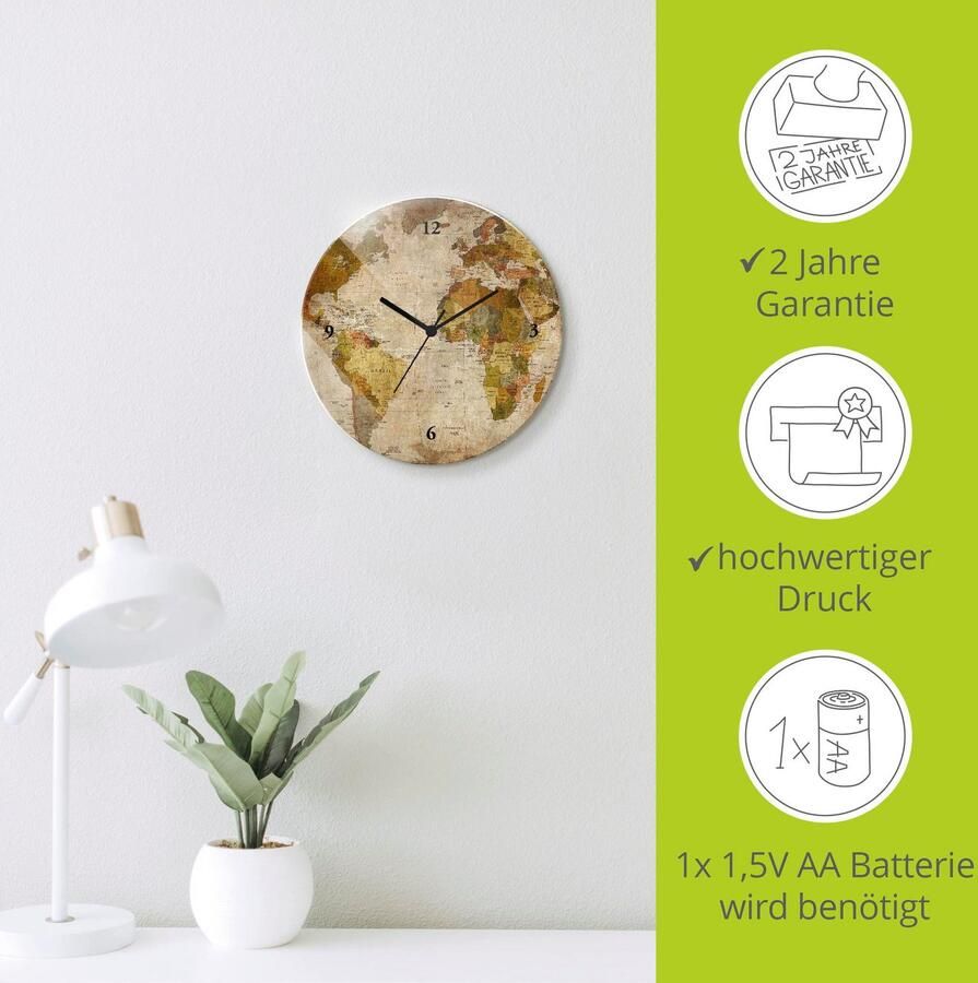 Artland Wandklok Wereldkaart optioneel verkrijgbaar met kwarts- of radiografisch uurwerk geruisloos zonder tikkend geluid - Foto 8