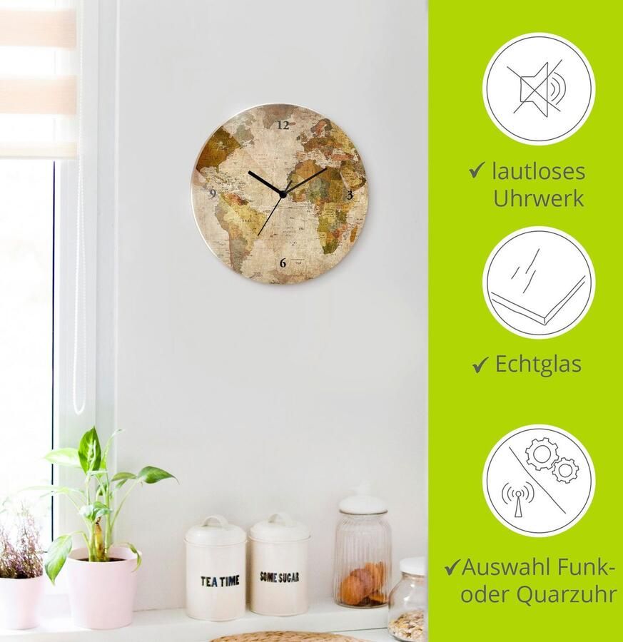 Artland Wandklok Wereldkaart optioneel verkrijgbaar met kwarts- of radiografisch uurwerk geruisloos zonder tikkend geluid - Foto 9