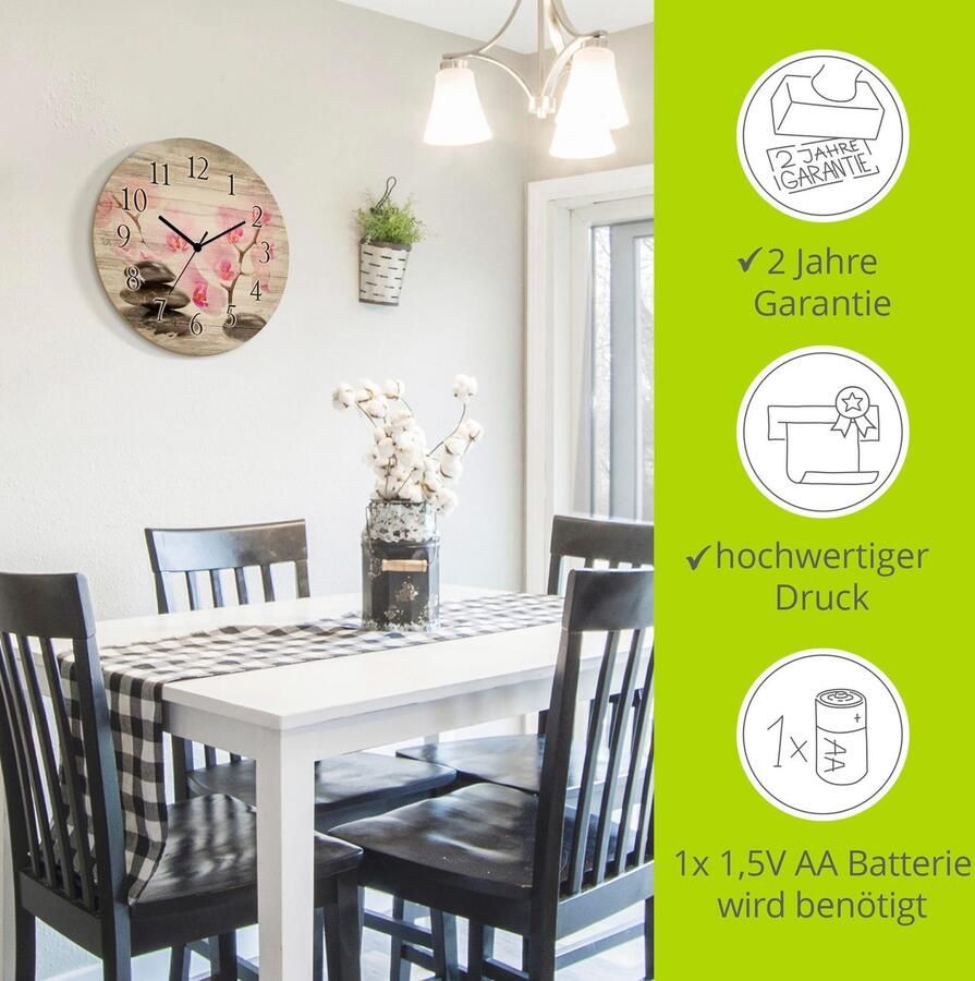 Artland Wandklok Zwarte stenen en roze orchidee optioneel verkrijgbaar met kwarts- of radiografisch uurwerk geruisloos zonder tikkend geluid - Foto 2