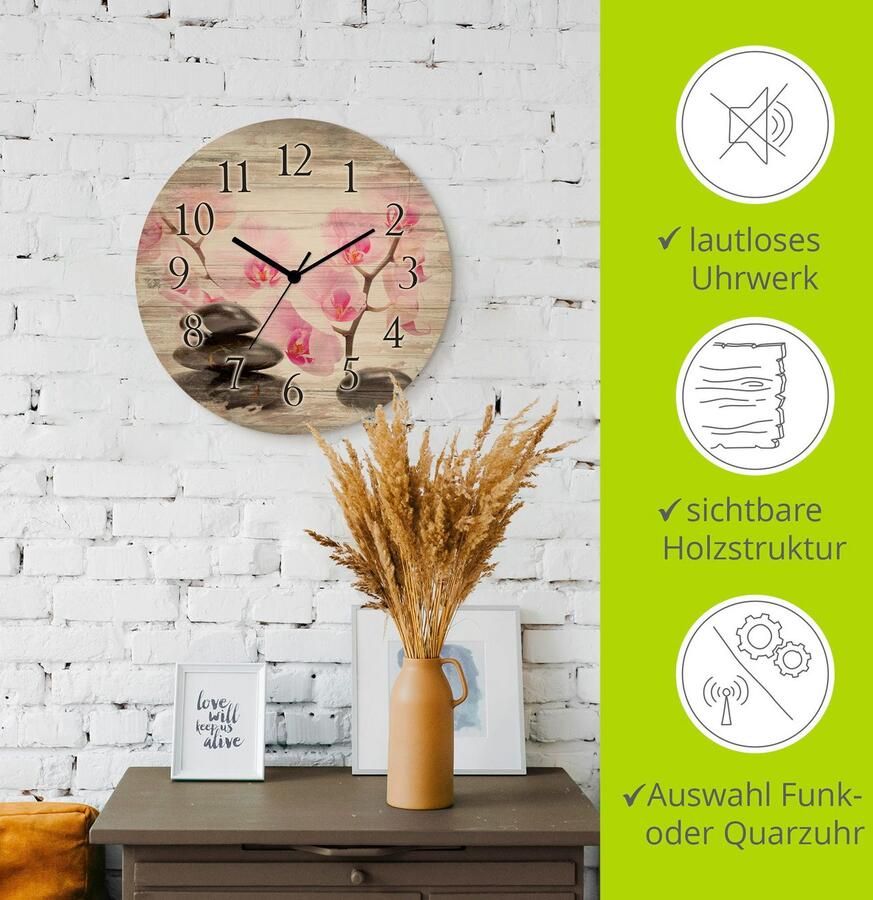 Artland Wandklok Zwarte stenen en roze orchidee optioneel verkrijgbaar met kwarts- of radiografisch uurwerk geruisloos zonder tikkend geluid - Foto 3