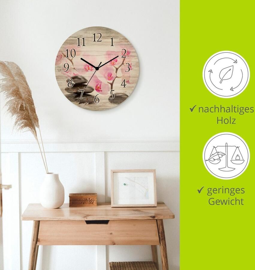 Artland Wandklok Zwarte stenen en roze orchidee optioneel verkrijgbaar met kwarts- of radiografisch uurwerk geruisloos zonder tikkend geluid - Foto 4