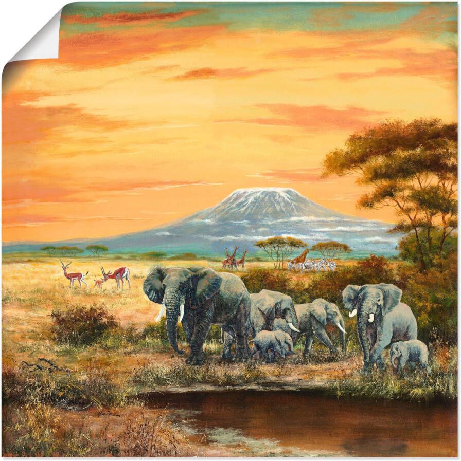 Artland Artprint Afrikaans landschap met olifanten als artprint op linnen poster in verschillende formaten maten - Foto 1