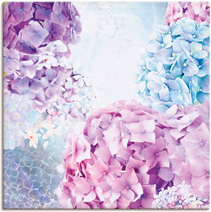 Artland Artprint Blauw en pink hortensia als artprint op linnen muursticker in verschillende maten