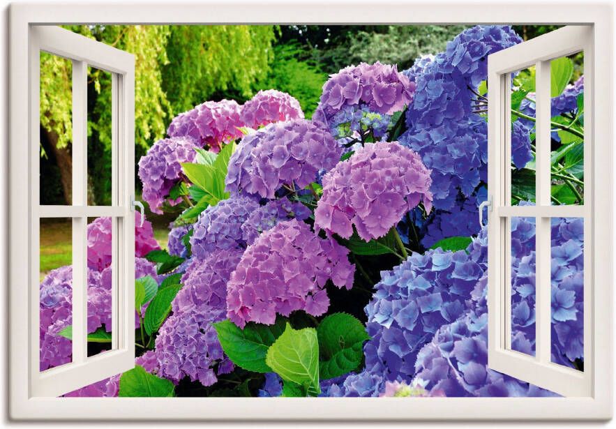 Artland Artprint Blik uit het venster hortensia's in de tuin als artprint op linnen poster in verschillende formaten maten - Foto 4