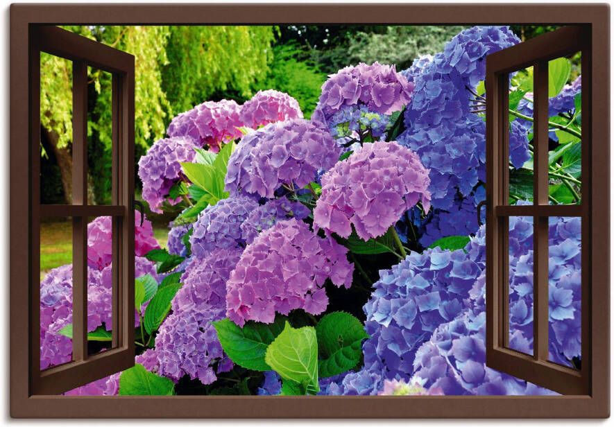 Artland Artprint Blik uit het venster hortensia's in de tuin als artprint op linnen poster in verschillende formaten maten - Foto 4