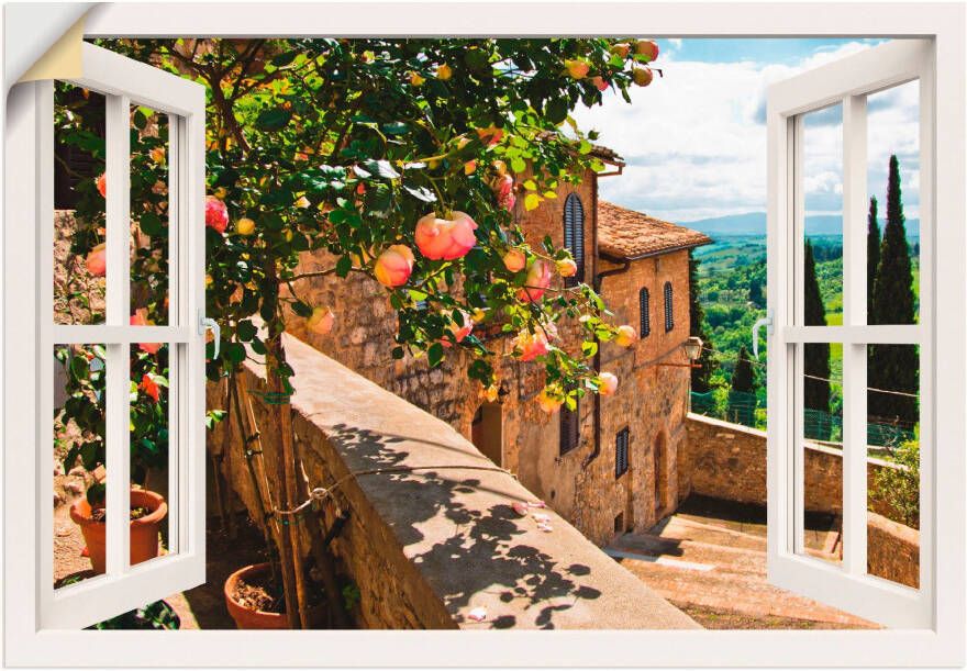 Artland Artprint Blik uit het venster rozen op balkon Toscane als artprint van aluminium artprint voor buiten artprint op linnen poster muursticker - Foto 4